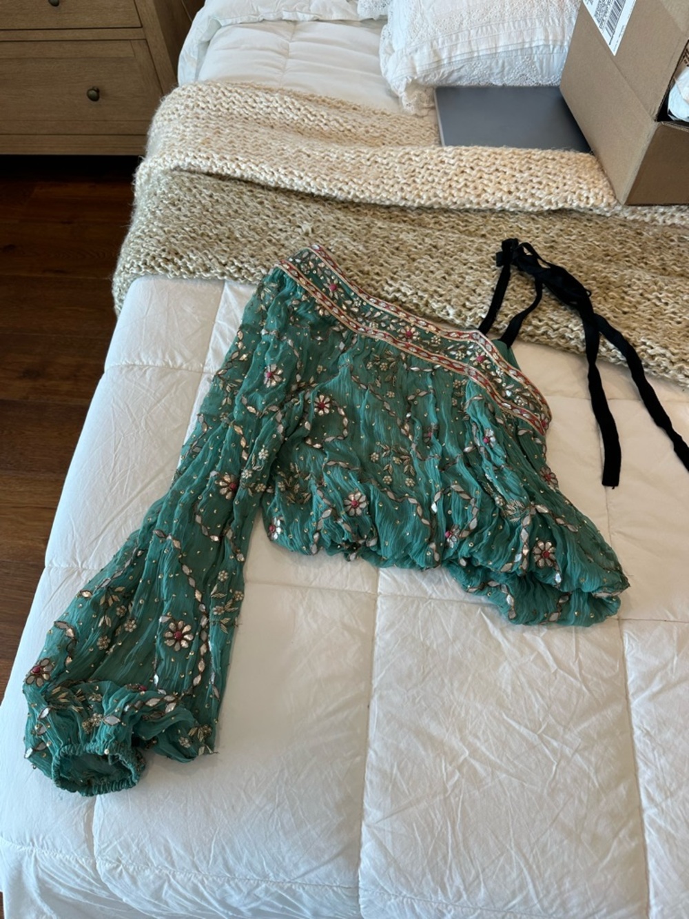Free People One Dea hand beaded one shoulder long sleeve top